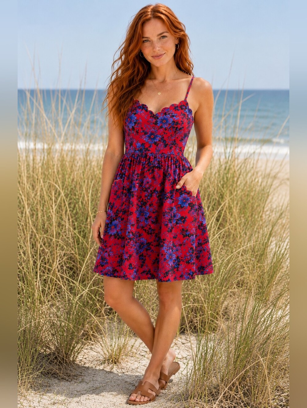 Market & Spruce Floral Linen Blend Dress Scalloped Details Pockets M